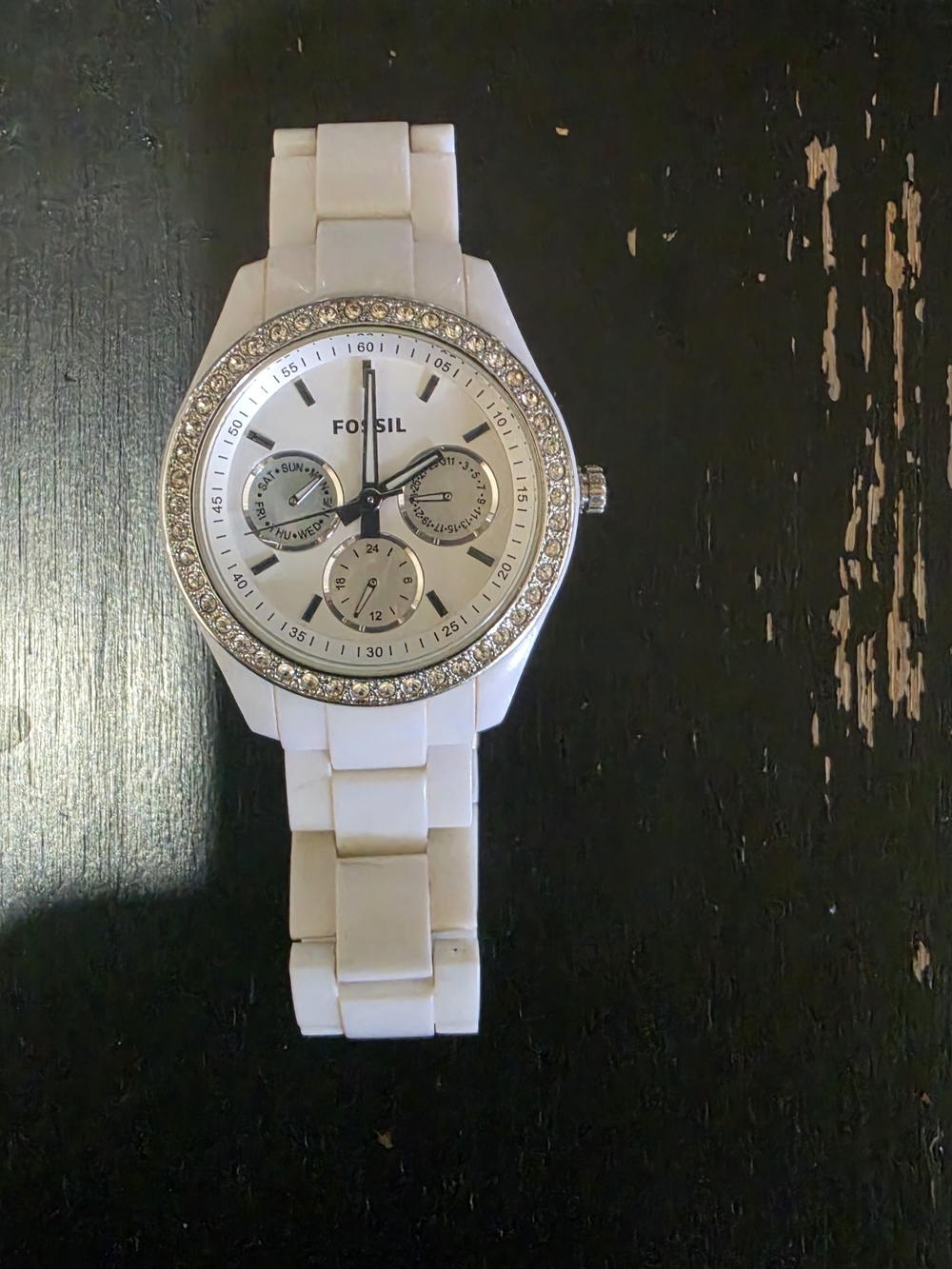 Fossil Ladies White Ceramic Crystal Bezel Multifunction Watch